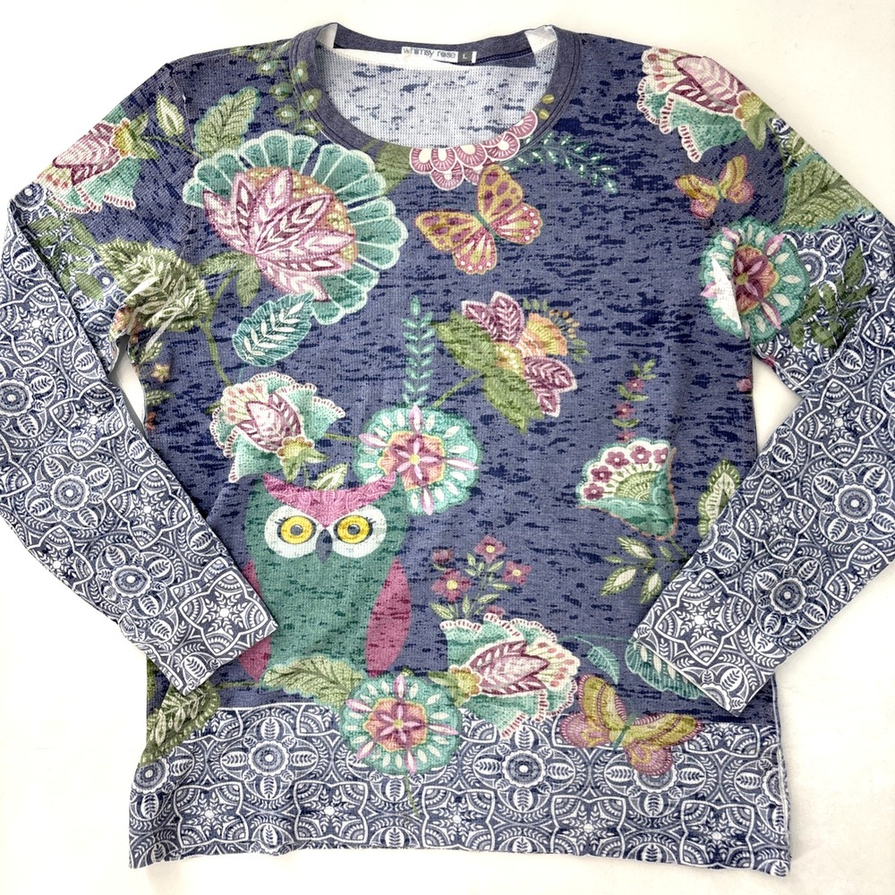 Whimsy Rose Tee Top Women L Baby Waffle Floral Butterfly Owl Boho Colorful Artsy